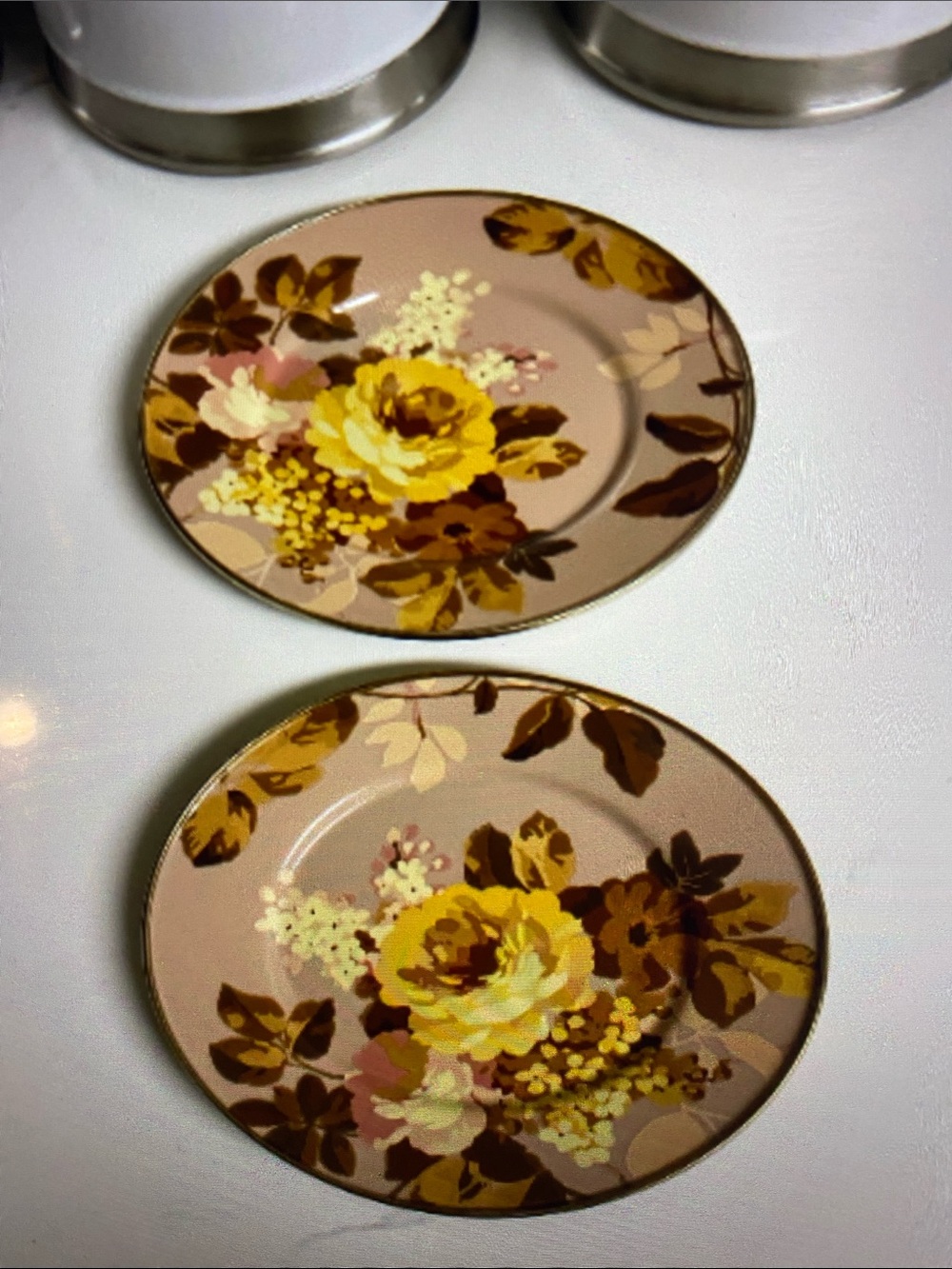 Mackenzie-Childs Wild Rose Mauve Stainless Steel Salad Plates (2) NWOT
